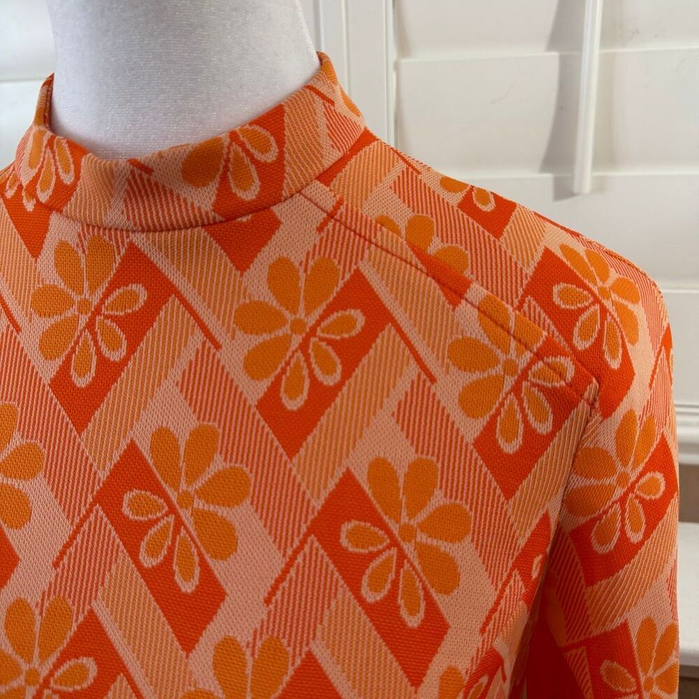Vintage 70s Mod Psychedelic Go Go A Line Dress Orange White Floral Print Sz S - Picture 2 of 5